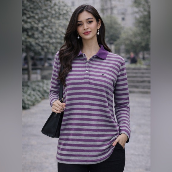Lacoste Purple and White Striped Button-Down Shirt - Picture 10 of 10
